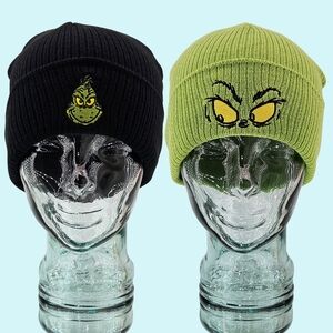 Grinch Hats Beanies Green Black Cuffed Knit Embroidered Christmas Bioworld Gift